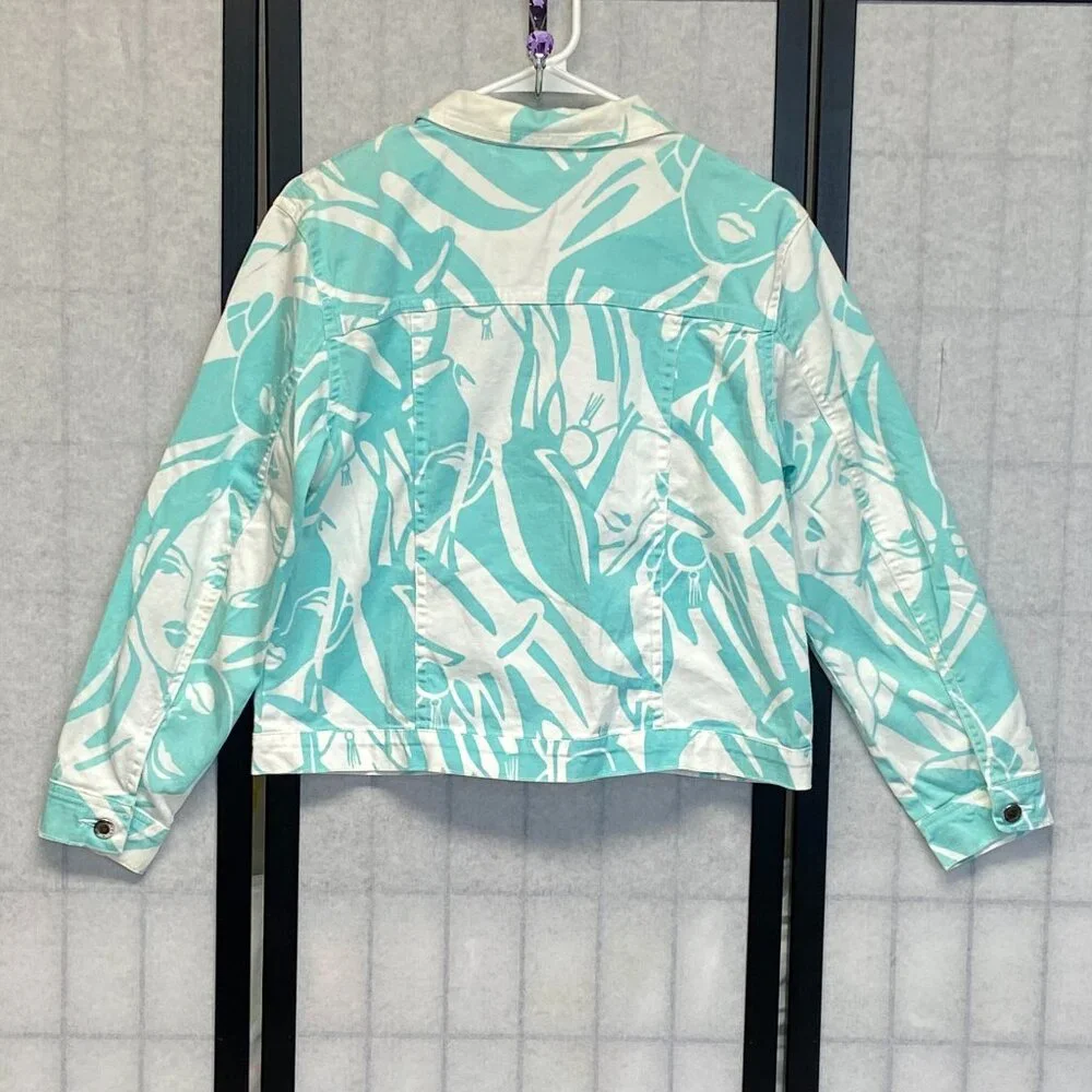 Impulse California Trucker Jean Jacket M White Aqua Pop Art Graphic Female Faces - Picture 2 of 12